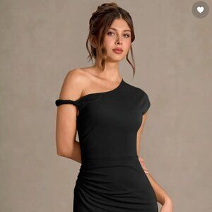 Black Formal Floor Length Asymmetrical Off The Shoulder Dress